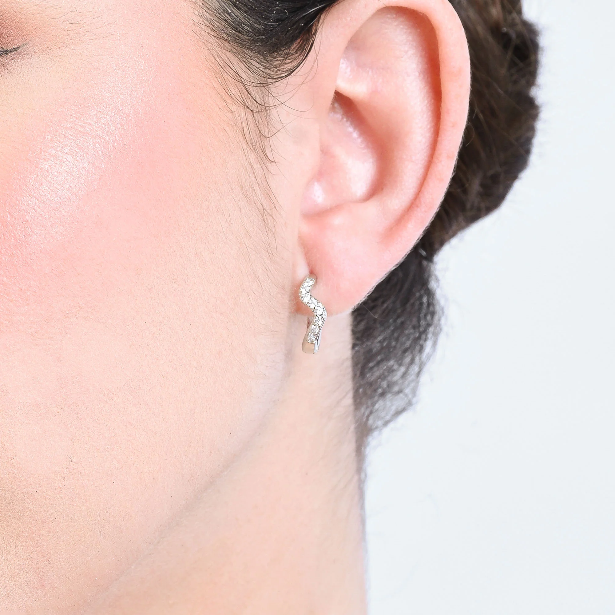 Curved CZ Silver Hoop Earrings - Image 3