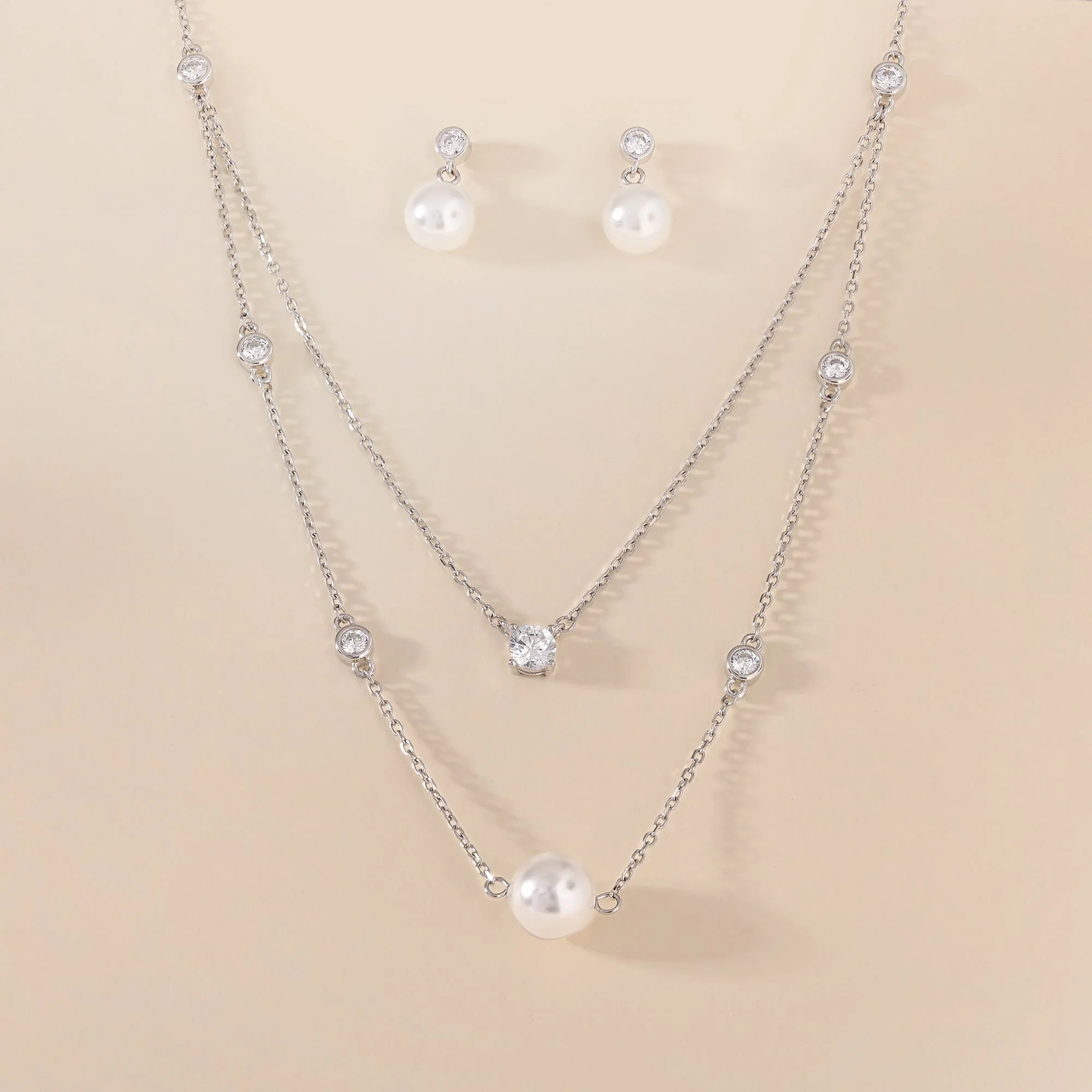 Double Layer Pearl Necklace Set - Image 5