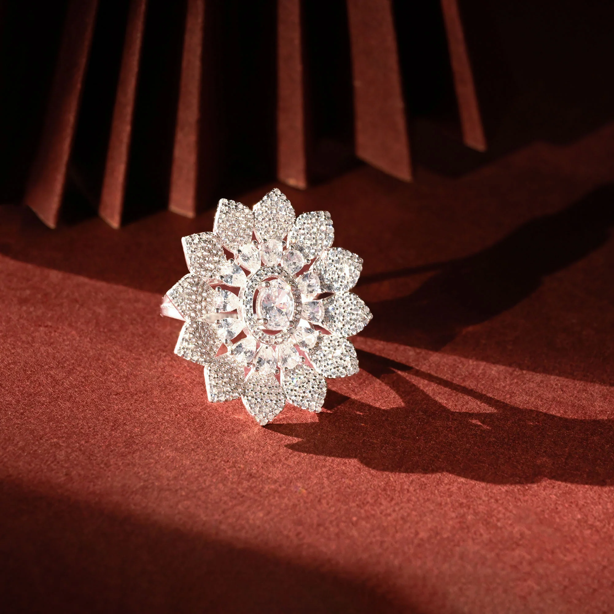 Floral Zircon Studded Silver Ring - Image 2