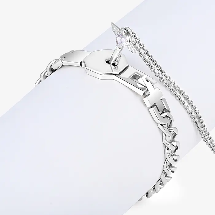 Silver Key & Chain Bracelet Duo - Image 3